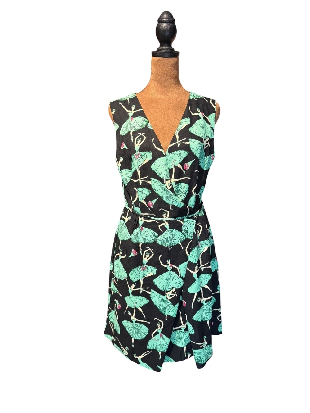 I. Madeline Sleeveless Black Dress with Green Ballerina Print, Size M